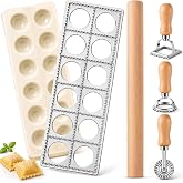 Geetery 5 Pcs Ravioli Mold Set 2 Inch Square Ravioli Maker Cutter Kit with 12-Hole Raviolis Press 3 Pasta Cutter Stamps Wooden Rolling Pin Pasta Making Tool for Homemade Raviolis Home Restaurant Use