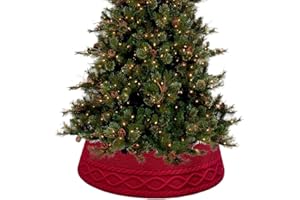 JOYWU Red Knitted Christmas Tree Collar,72cm White Diamond Edge Xmas Tree Ring,Farmhouse Cable Knit Styles Christmas Trees Ba