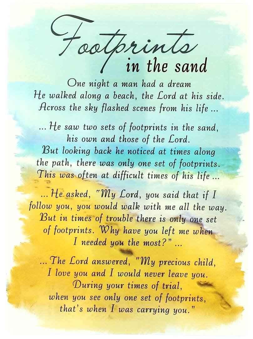 Special Thoughts Loving Memory Open Graveside Memorial Card - Footprints In The Sand, Aqua, Yellow, Grey, 6.5" x 4.75"