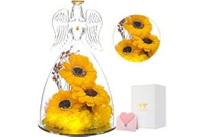 ANWEAO Angel Sunflower Gifts,Christmas Blessing Gifts, Angel Figurines with LED Light Real Sunflower Gifts for Her Mom Grandma Wife,Glass Angel Figurines for Christmas Valentines Day Birthday Gifts
