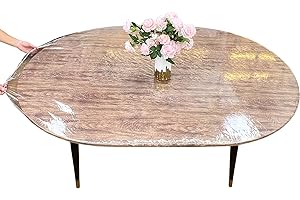 LIBERECOO Clear Oval Fitted Vinyl Tablecloth - Fits 48 x 68 Inch Oval Tables Only, Heavy Duty Elasticized Table Cover Elastic