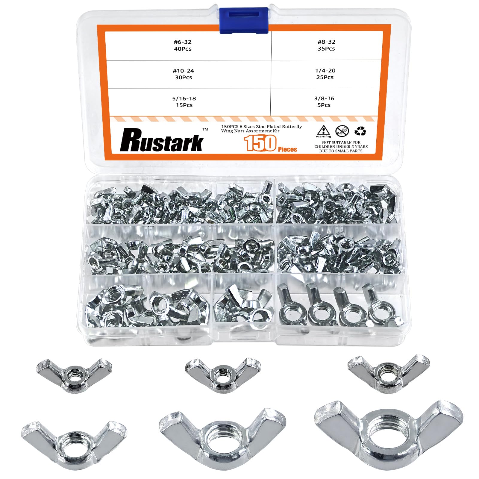 Rustark 150Pcs 6 Sizes SAE Butterfly Wing Nuts Assortment Kit Zinc Plated Butterfly Wingnuts Carbon Steel Silver Wing Nuts Hand Twist Secure Fasteners for Industrial Machine