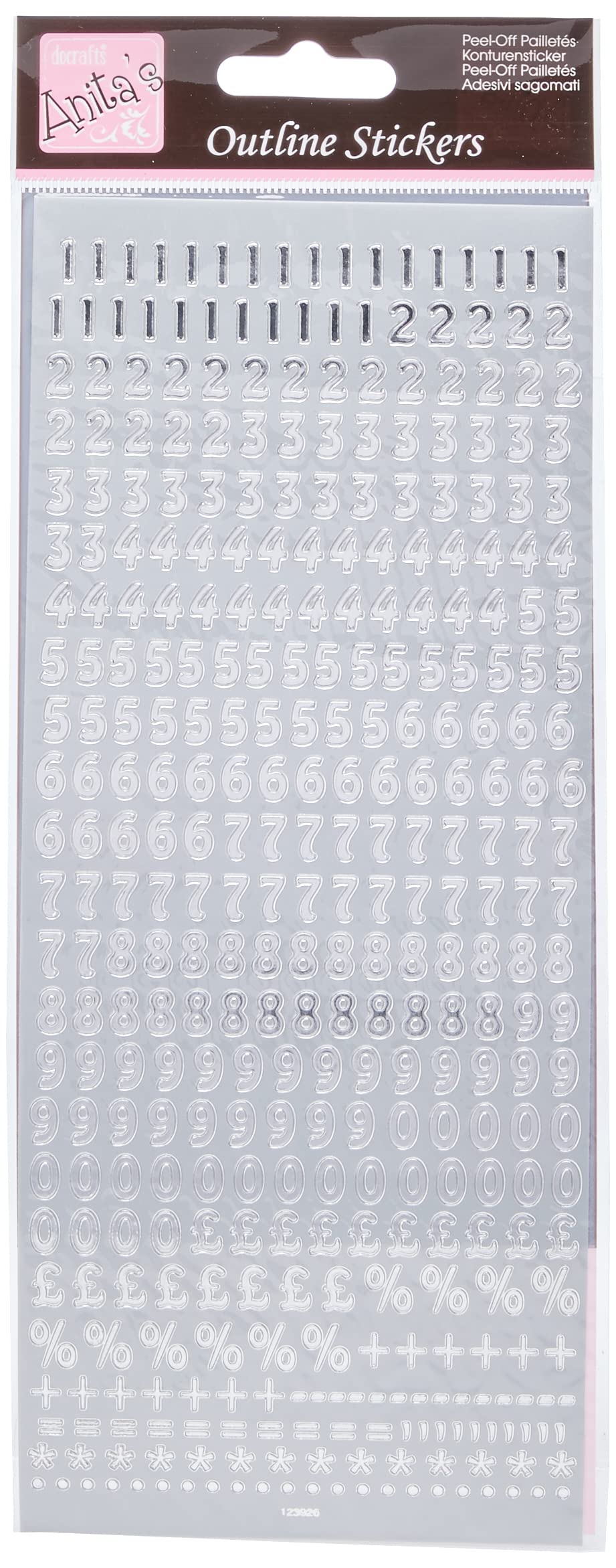 Anitas Outline Stickers, Small Numbers, Silver, For Scrapbooking, Card Making, Kids Play, Homework, Art, Craft, Embelish, Decorative, Paper, Card, Glass, Metal, Plastic, Foam