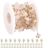 YOUBEIYEE 13 Feet Gold Plated Chain for Jewelry Making Stainless Steel Link Chain Roll Light Pink Gemstone Chains Bulk with Jump Rings and Lobster Clasps