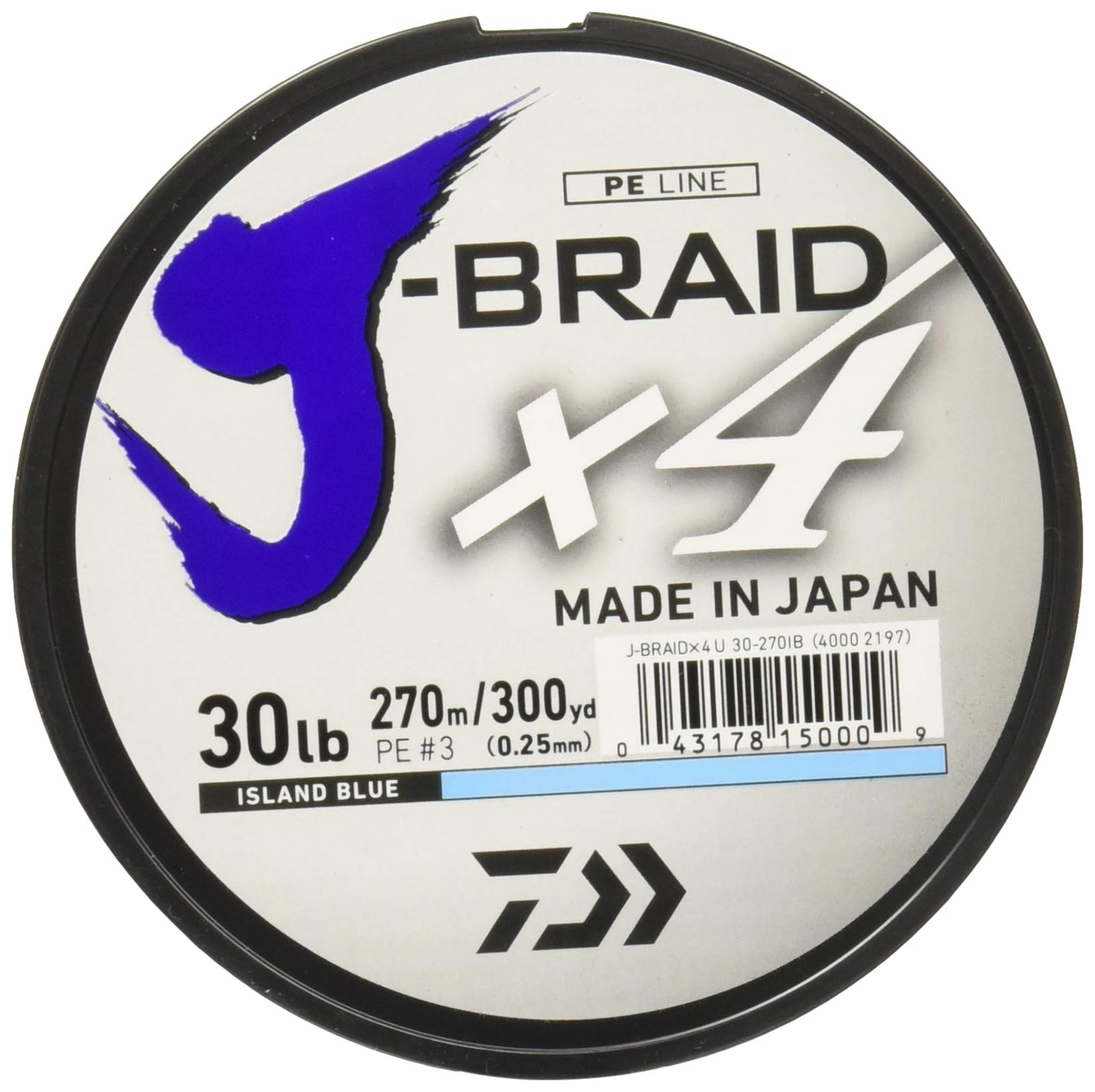 Daiwa, J-Braid x4 Braided Line, 300 Yards, 30 lbs, 010" Diameter, Island Blue