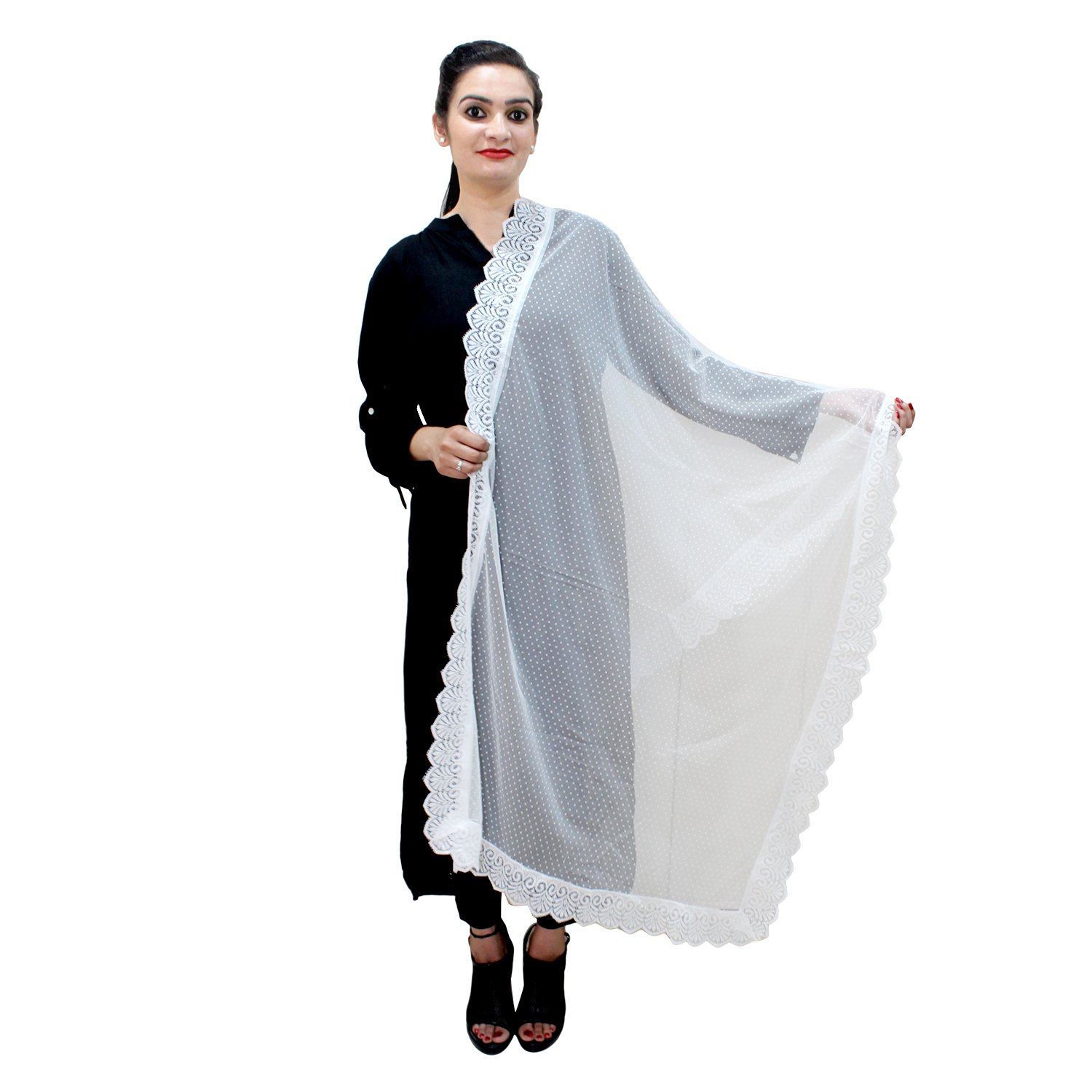 matelco women's white lace net dupatta (ad003pp150wh)