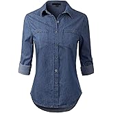 Design by Olivia Women's Basic Classic Roll up Sleeve Button Down Chambray Denim Shirt