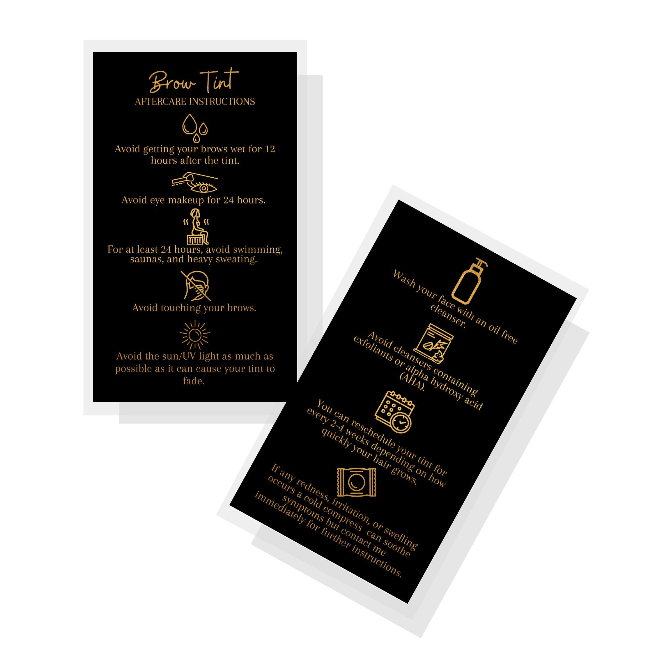 Brow Tint Aftercare Instruction Cards | 50 Pack | Physical Printed 2 x 3.5” inches Business Card Size |At Home DIY Brow Tint Henna |Snatched Brows Holographic Look Design (Black & Gold)