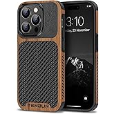 TENDLIN Compatible with iPhone 14 Pro Max Case Wood Grain with Carbon Fiber Texture Design Leather Hybrid Slim Case Black