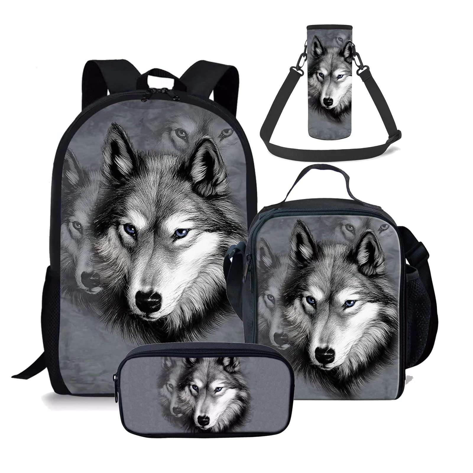 chaqlin Grey Wolf Backpack Bookbags with Lunch Box Containers,Pencil Case,Water Bottle Carrier Bag with Adjustable Shoulder Strap,Kids Children Back to School Bags Set of 4 Pack — image 1