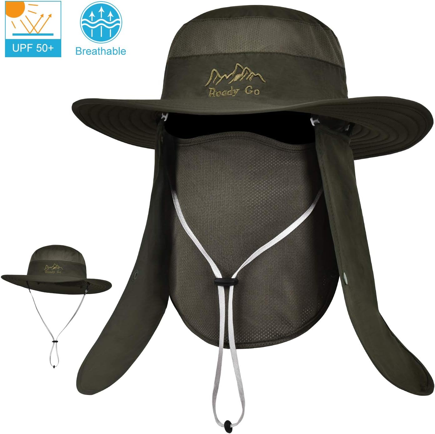 LCZTN Outdoor Sun Cap for Men & Women Breathable Wide Brim Fishing Hat UPF 50+ UV Protection with Removable Face & Neck Flap for Backpacking Hiking Travel Camping Gardening & Boating
