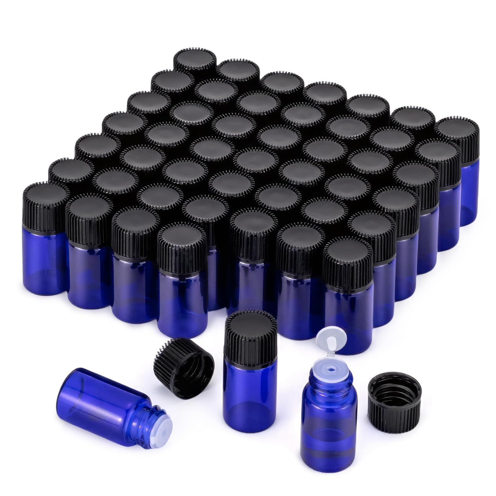 Pxyelec 50 Pack 3 ml Portable Blue Mini Glass Bottles Sample Bottles with Siamese Stopper and Black Fine Grain Cover for Essential Oils, Liquid, Lotion Sample Vials