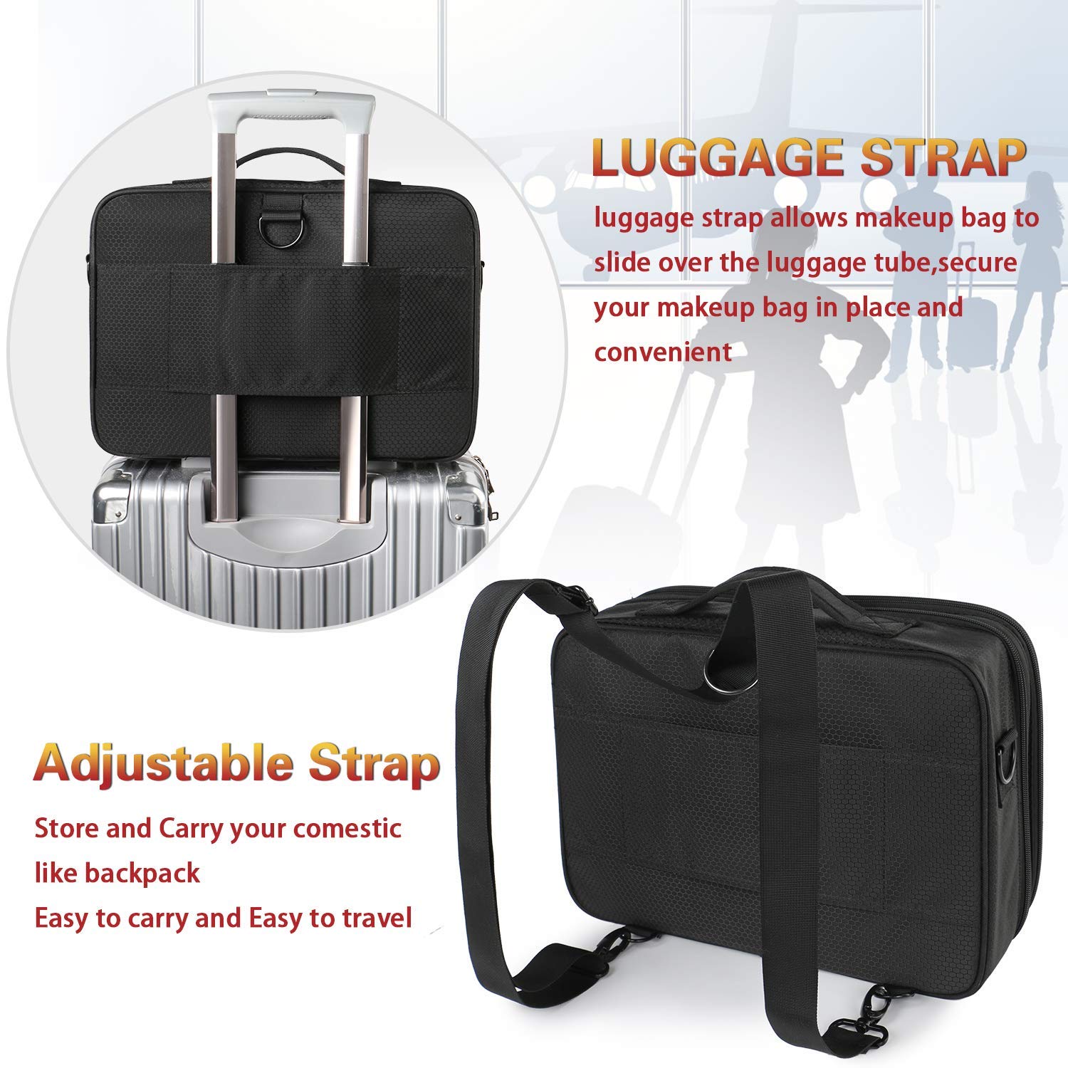 Large Travel Makeup Bag, Professional Cosmetic Makeup Train Case with Mirror, Waterproof Cosmetics Organizer Bag with Adjustable Divider Portable Makeup Storage Bag 16.5 Inch for women, Black : Beauty