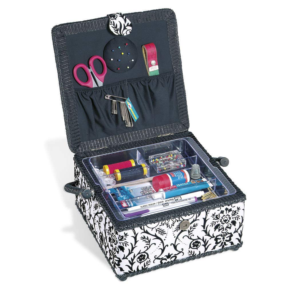 Prym White Flocked Fabric with Black Trim Square Sewing Basket-Medium, Polyester, 23x23x14 cm