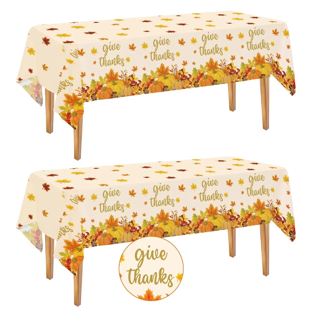 Photo 1 of 2 Pack Thanksgiving Tablecloth Disposable - Fall Plastic Table Cloth Rectangular, Give Thanks Pumpkin Maple Leaves Waterproof Table Cover for Home Harvest Thanksgiving Tables Decor, 54 x 108 Inch
