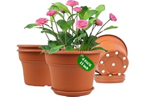 POTTIFFE 11 Inch Plastic-Flower-Pot-for-Indoor-Plants, 4 Pack Large Outdoor Planter Pot with Drainage Holes & Saucers, Resin Decorative Garden Pots Planters