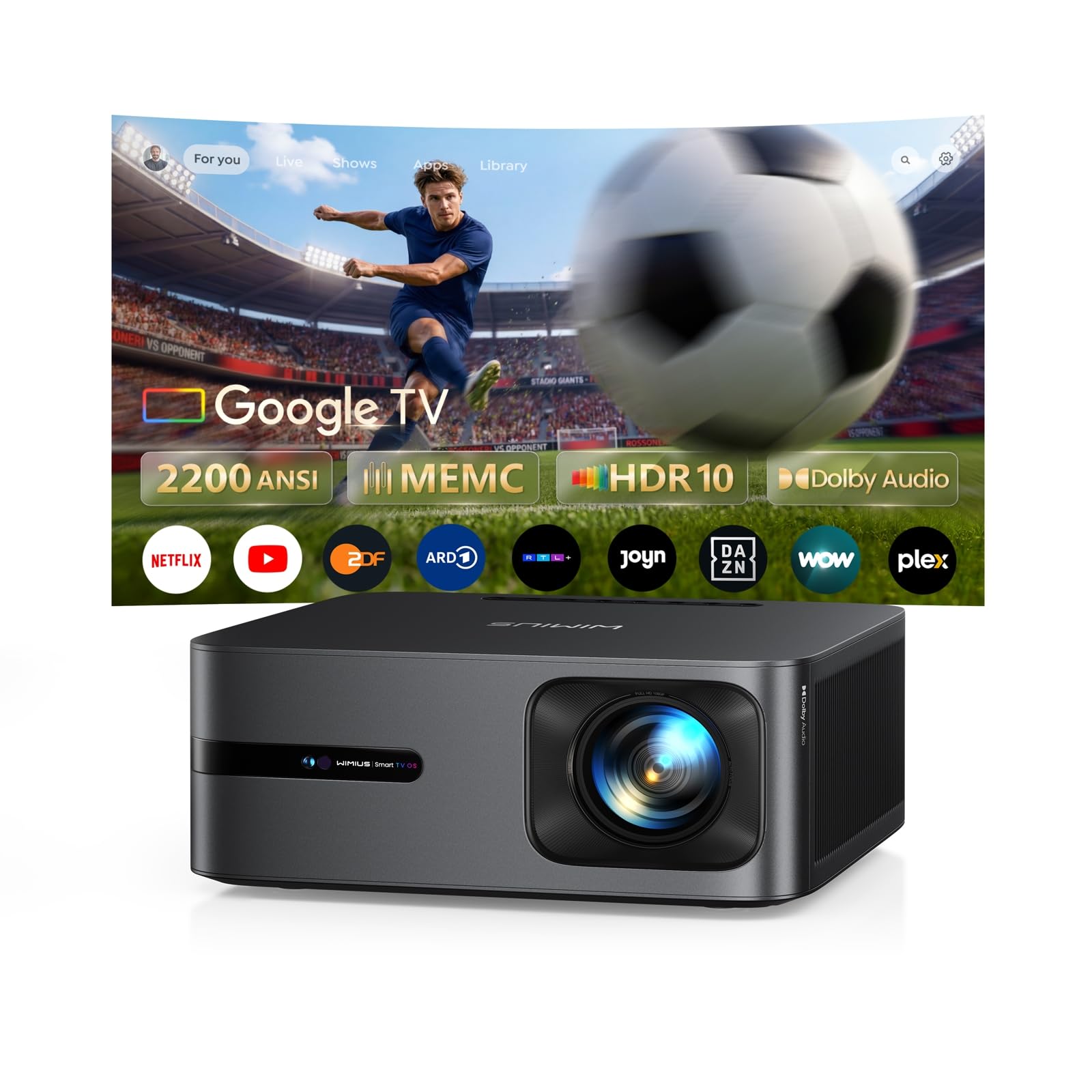 Beamer 4K mit Google TV 14.0, 2200 ANSI, MEMC, HDR10, 40W Dolby Audio, 4K Beamer Heimkino KI-Bildanpassung Smart Projektor Google Sprachsteuerung 2-Wege Bluetooth 5.4 WiFi6 2+32GB HDMI 2.1