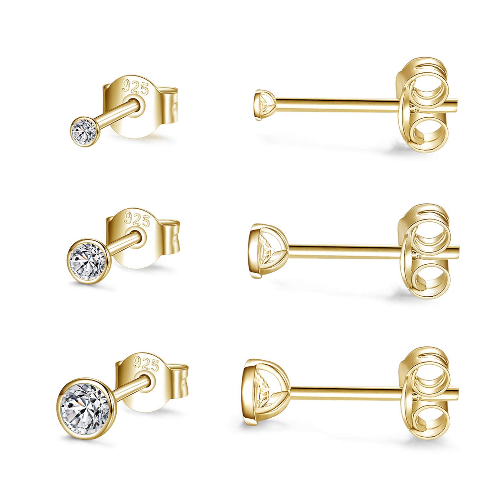 CERSLIMO Silver Stud Earrings for Women Men Girls, 3 Pairs Sterling Silver Tiny Round Stud Earrings Small Dainty Cartilage Tragus Cubic Zirconia Earrings Set (2/3/4mm, Gold) — image 1