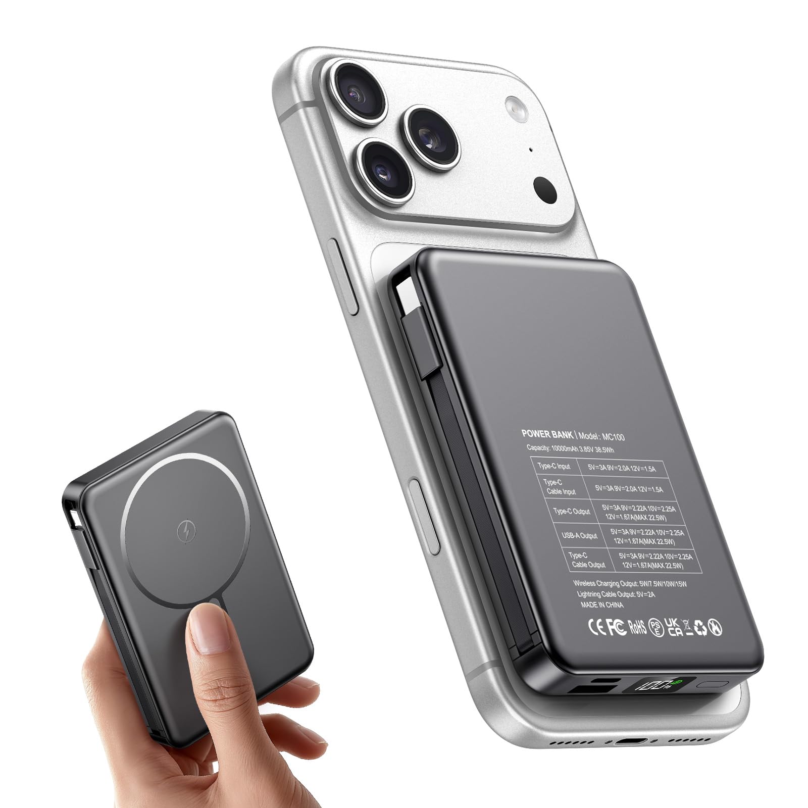 PDBEST Magsaf Power Bank 10000mAh, Wireless Magnetische Powerbank Schnelles Laden mit LED-Display Mini Powerbank mit Type-C/USB-A 22,5 W Schnellladung für Air iPhone 17/16/15/14/Pro Max Blcak 3
