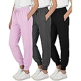 Real Essentials 3 Pack: Girls' Dry-Fit Jogger Sweatpants - Kids Teens Running Athletic Pants with Pockets (Sizes: 4-16)