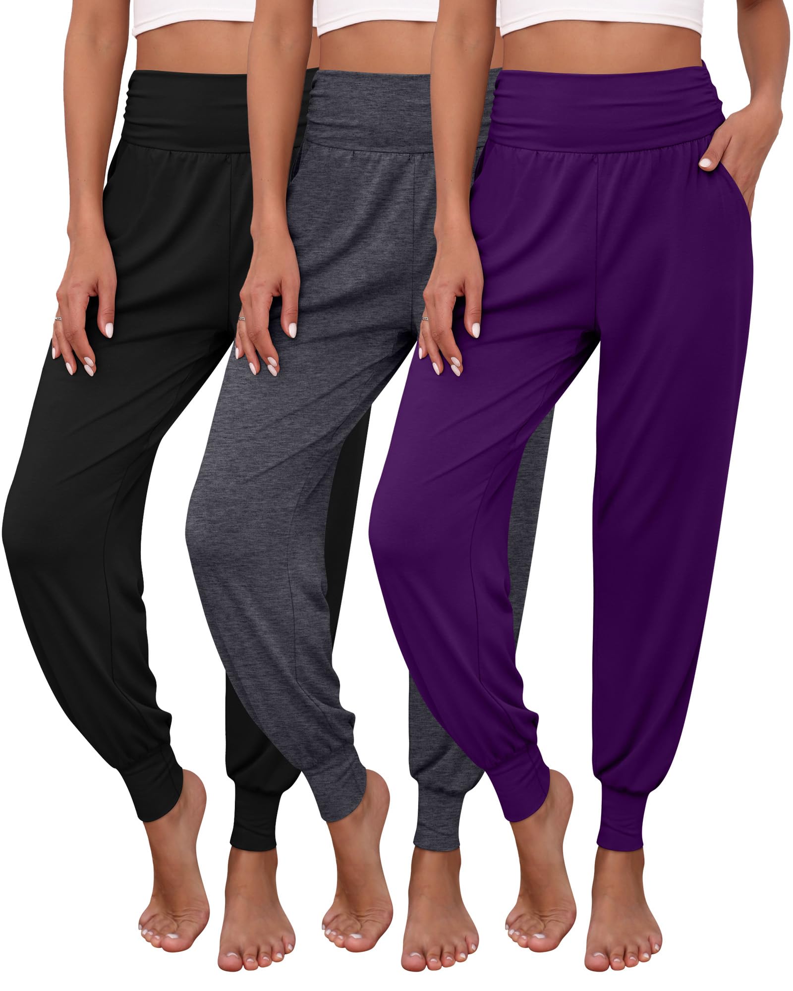 Photo 1 of Ficerd 3 Pack Women's Lounge Pants, Cozy Yoga Joggers with Pockets High Waisted Workout Sweatpants Lightweight Comfy Pants(X-Large,Black, Dark Gray, Purple)