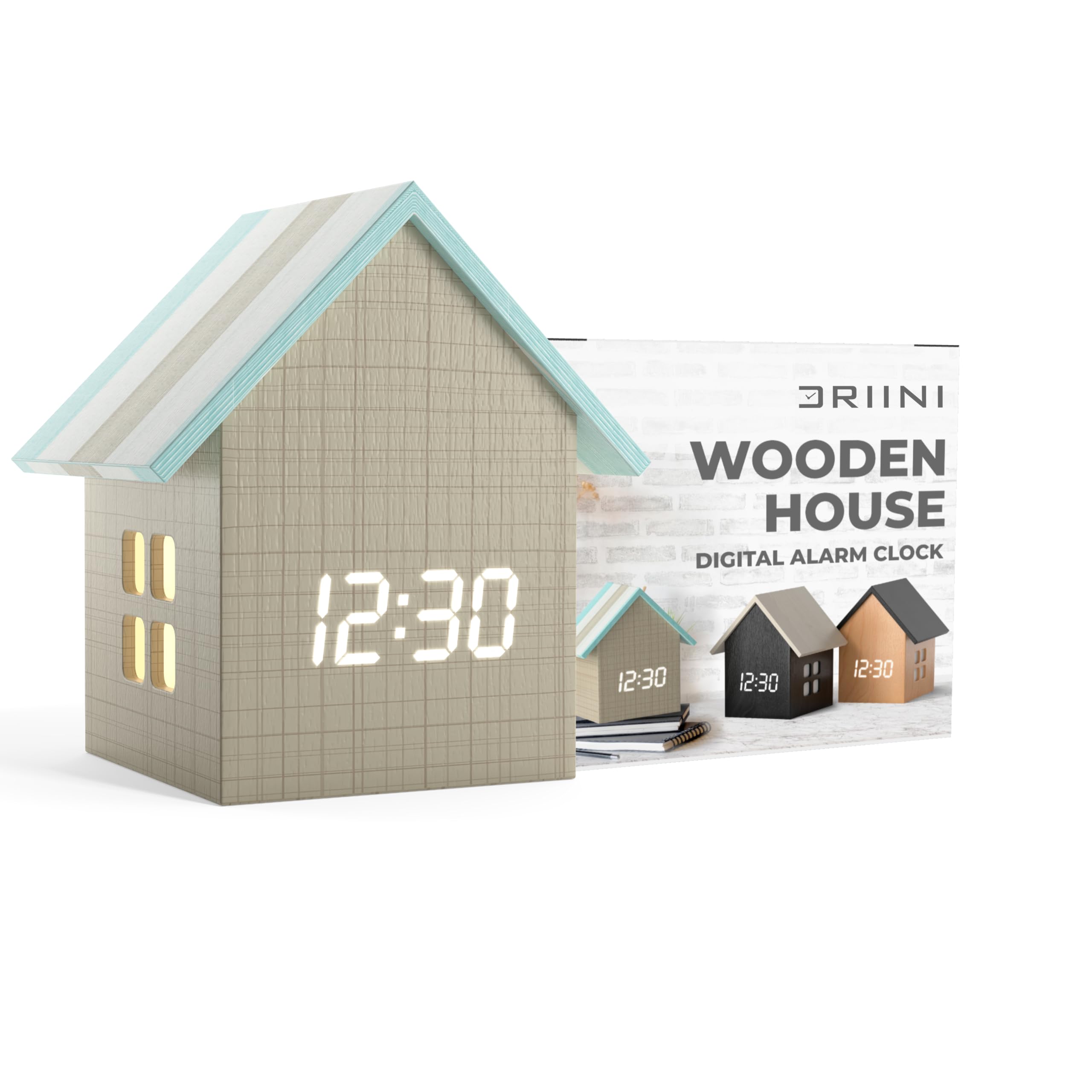 Photo 1 of Driini Digital House Shaped Alarm Clock with Temperature Display (Stripe Wood) – Modern Aesthetic - Cute Cube Frame and White LED Dimmer - Perfect Large Desk Clock for Bedside Table or Bedroom Mantle