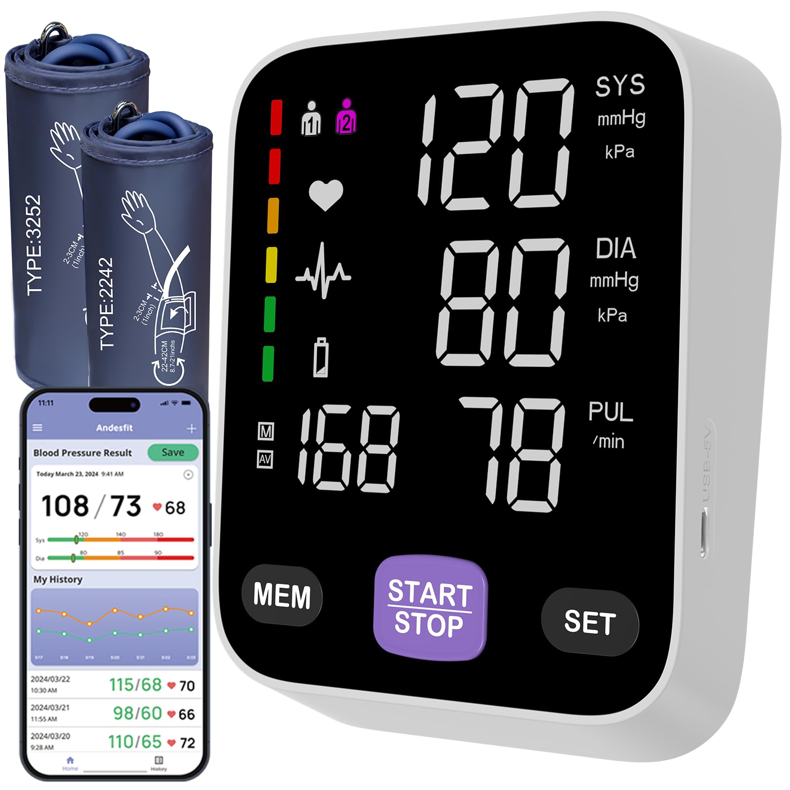 Photo 1 of Bluetooth Blood Pressure Monitors for Home use Come with 17" Large and 21" Extra Large bp Cuff use 6 inches Color LED Screen Arm Type XL Blood Pressure Monitor Apple Health Free APP