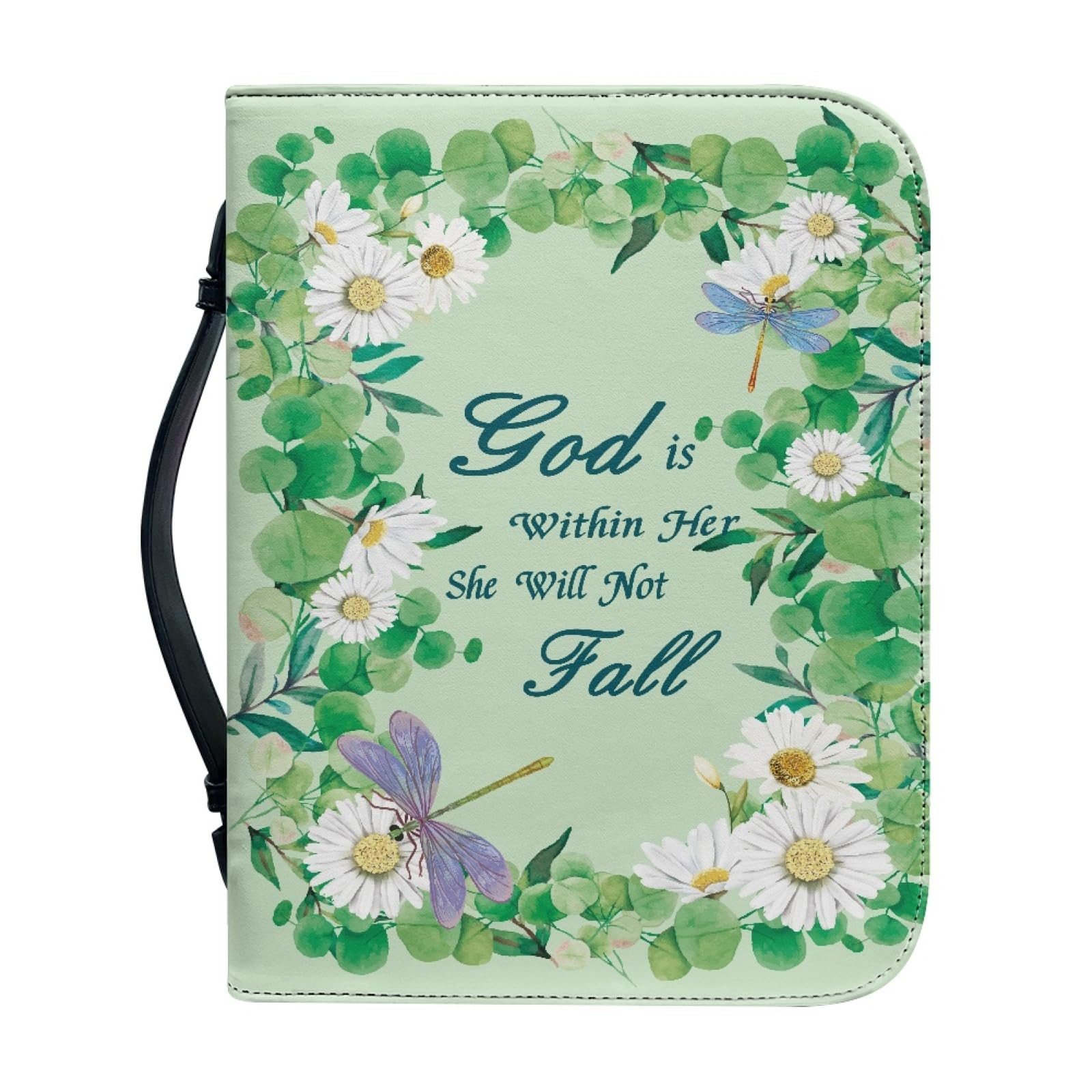 Kuiaobaty Lord Quotes Floral Bible Cover Case with a Bookmark, Green Bible Bag Handle Book Sleeve Protector Pouch, Faux Leather, Large