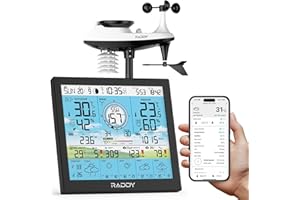 Raddy WF-120P Professional Wi-Fi Weather Station with App Control, 10″ HTN Color Display, Indoor/Outdoor Temp & Humidity, UV 