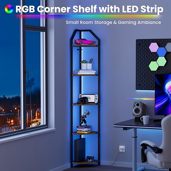 REALGULF 70 INCH CORNER SHELF WITH LED LIGHTS, 5-TIER CORNER BOOKSHELF FOR SMALL SPACES, WOOD & METAL STORAGE RACK FOR BEDROOM, LIVING ROOM, OFFICE – MODERN SPACE SAVING DESIGN- BROWN