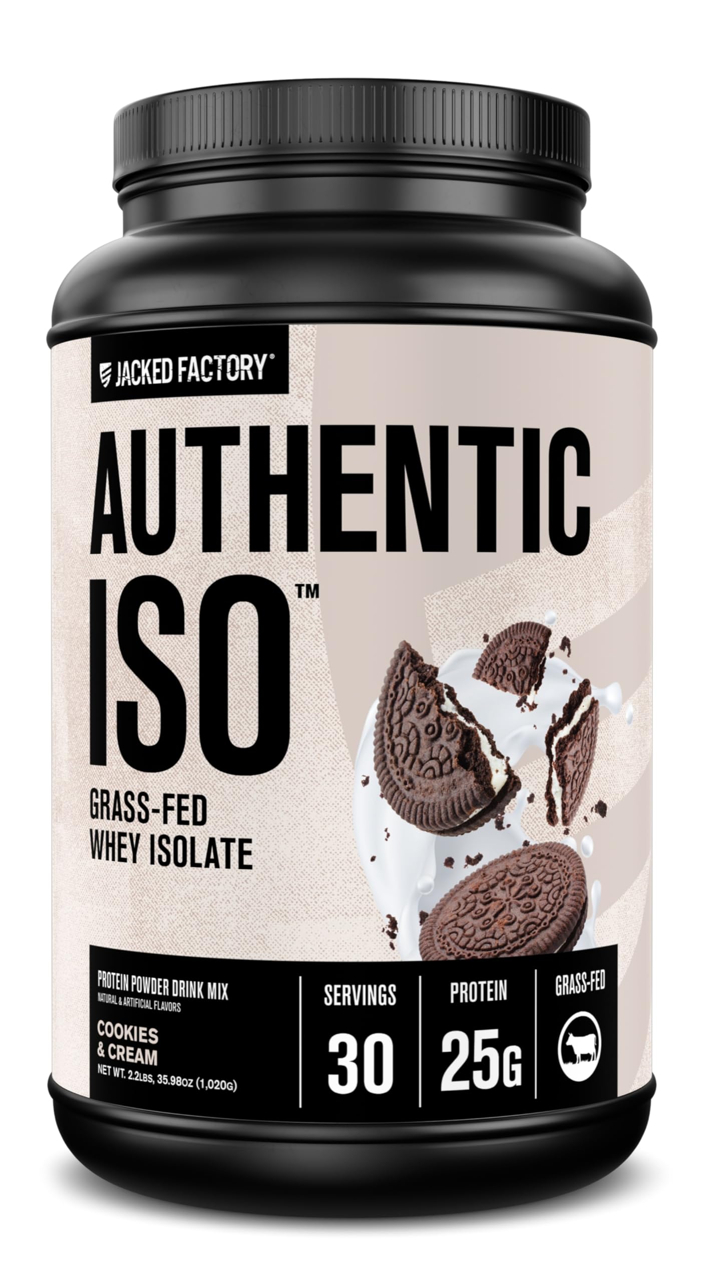 Jacked Factory Authentic ISO Grass Fed Whey Protein Isolate Powder - Low Carb, Non-GMO Muscle Building Protein w/No Fillers, Post Workout Recovery, Cookies & Cream