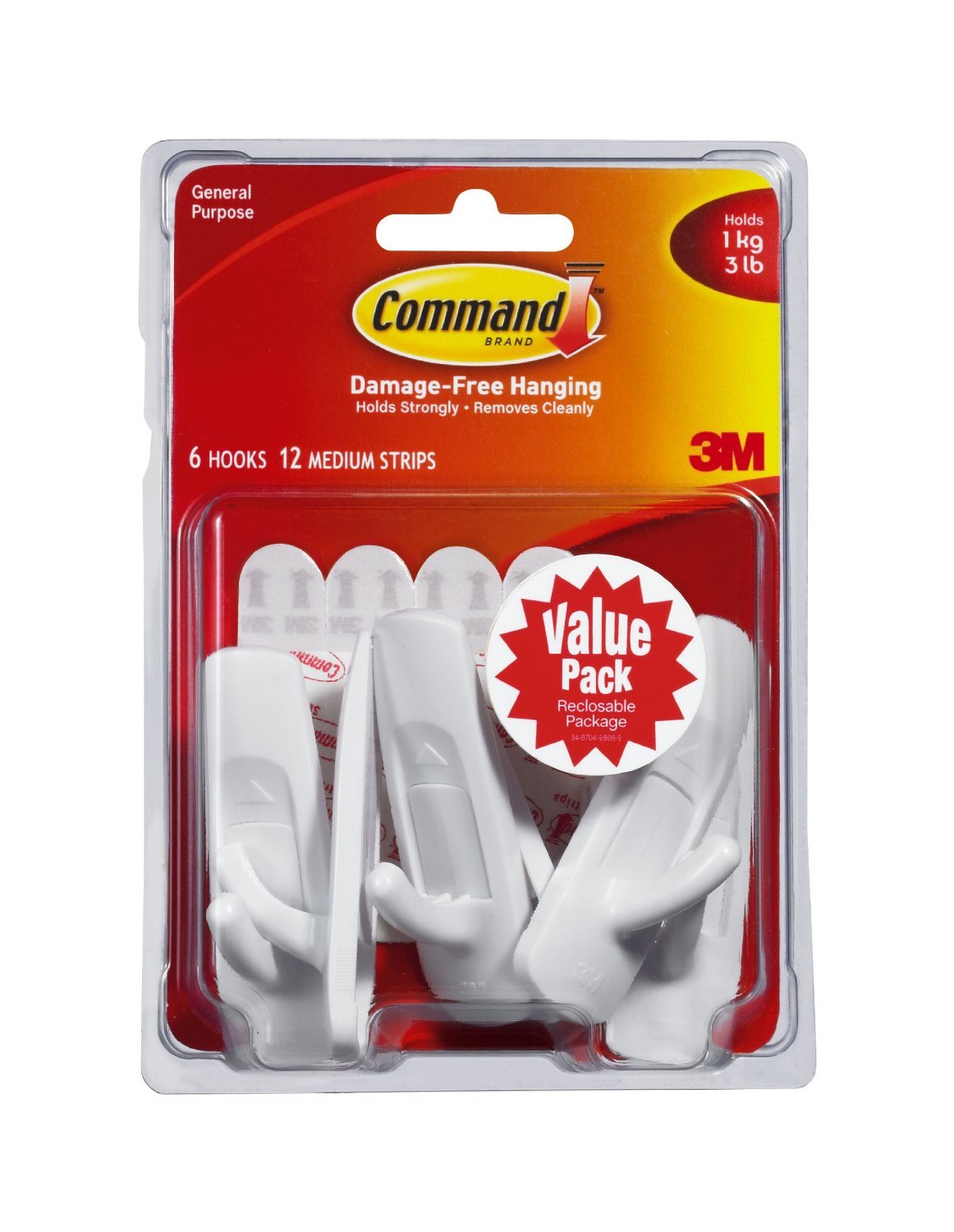 Command Utility Hooks Value Pack, Medium, White, 6-Hook, 2-Pack