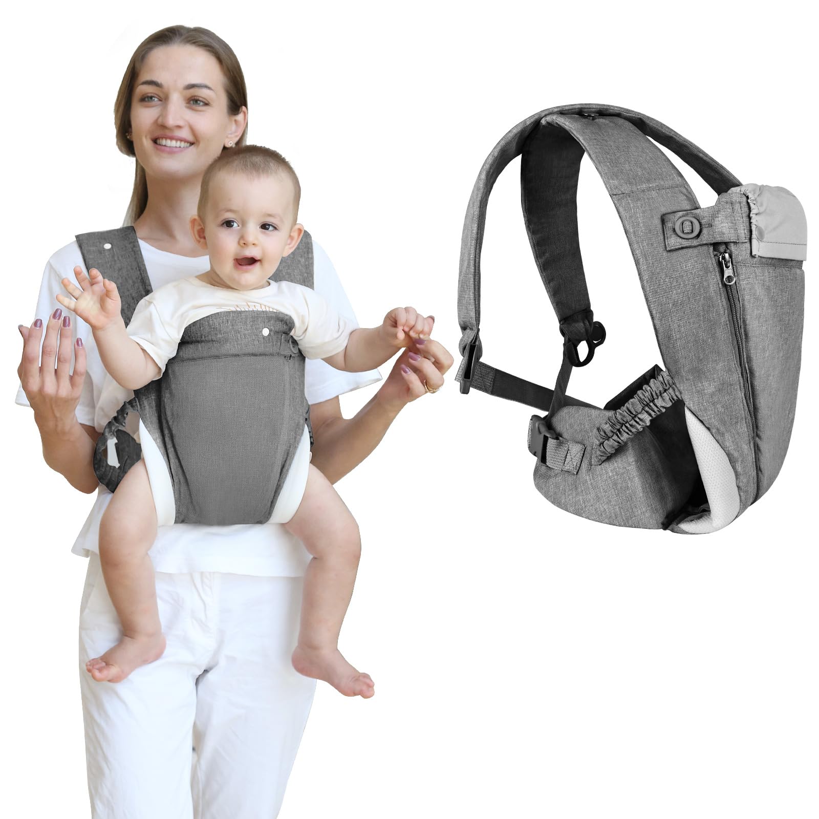 Aolso 4-in-1 Baby Carrier Newborn to Toddler, Baby Carrier Baby Sling Carrier, Breathable Zipper & Belt, Front and Back Adjustable Baby Sling Carrier for for 7-40lbs (Grey)