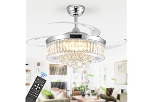 WWAHUAYUAN 48'' Modern Chandelier Ceiling Fan with Timer, Silent Motor Fandelier Crystal Ceiling Fan with Light and Remote Control, Retractable Blade Fandeliers for Bedroom, 6 Speeds, 3 Colors, Silver