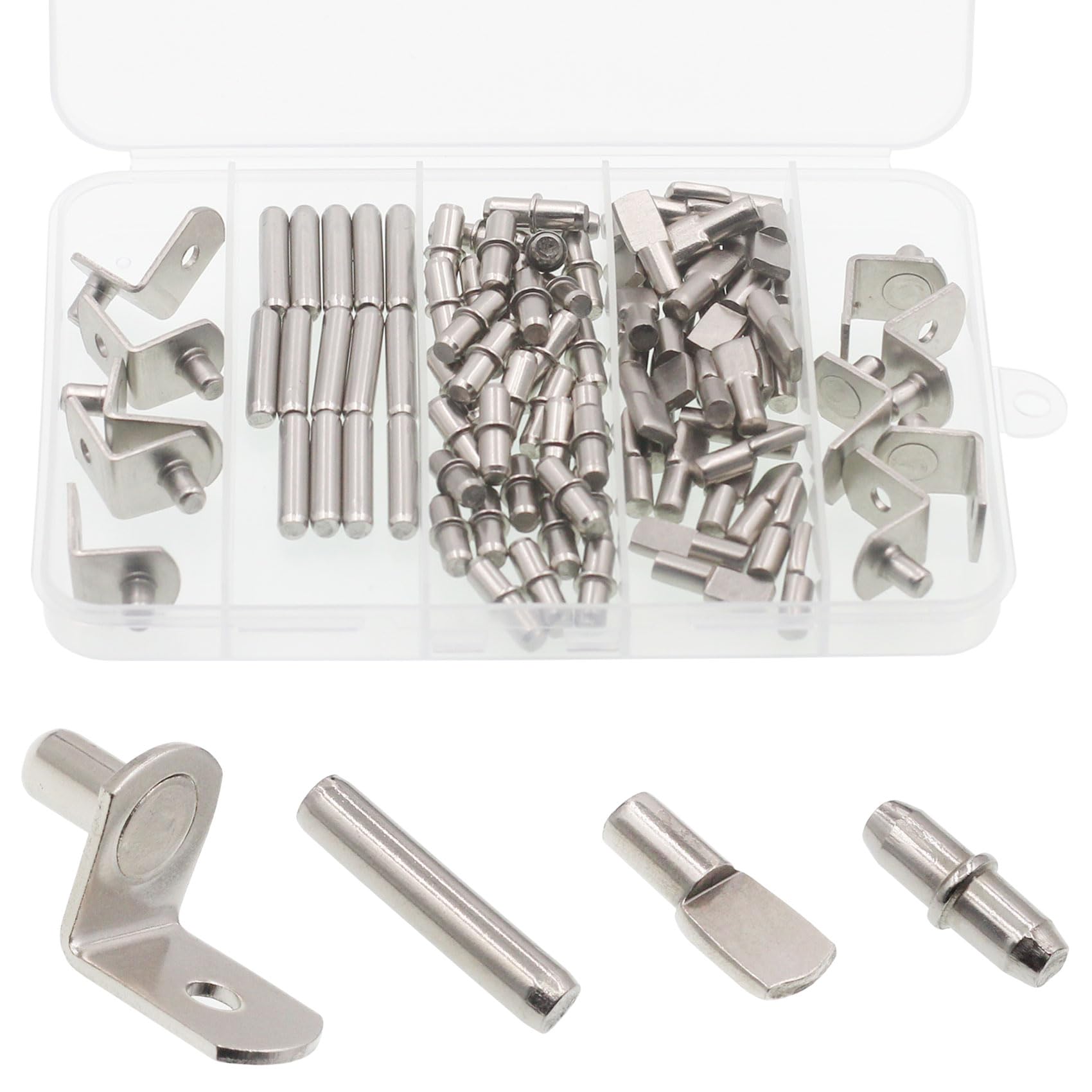 Photo 1 of Shelf Support Pegs Kit, 94 Pcs 4 Styles Shelf Pegs, 5mm Nickel Plated Cabinet Shelf Bracket Pegs, Shelf Pins Holders for Bookcase Kitchen Closet Shelf Shelves Furniture Cabinet