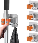 homeasy Mop Broom Holder 4 Pcs Stainless Steel Self Adhesive Wall Mounted