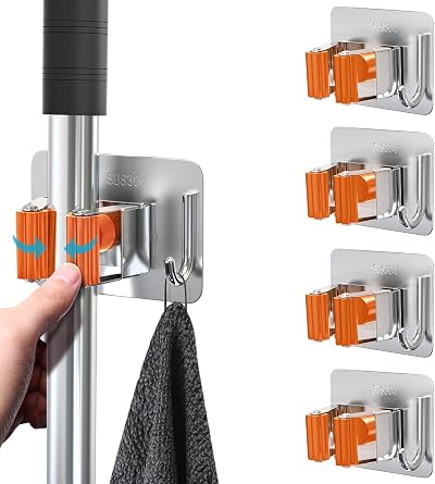 homeasy Mop Broom Holder 4 Pcs Stainless Steel Self Adhesive Wall Mounted