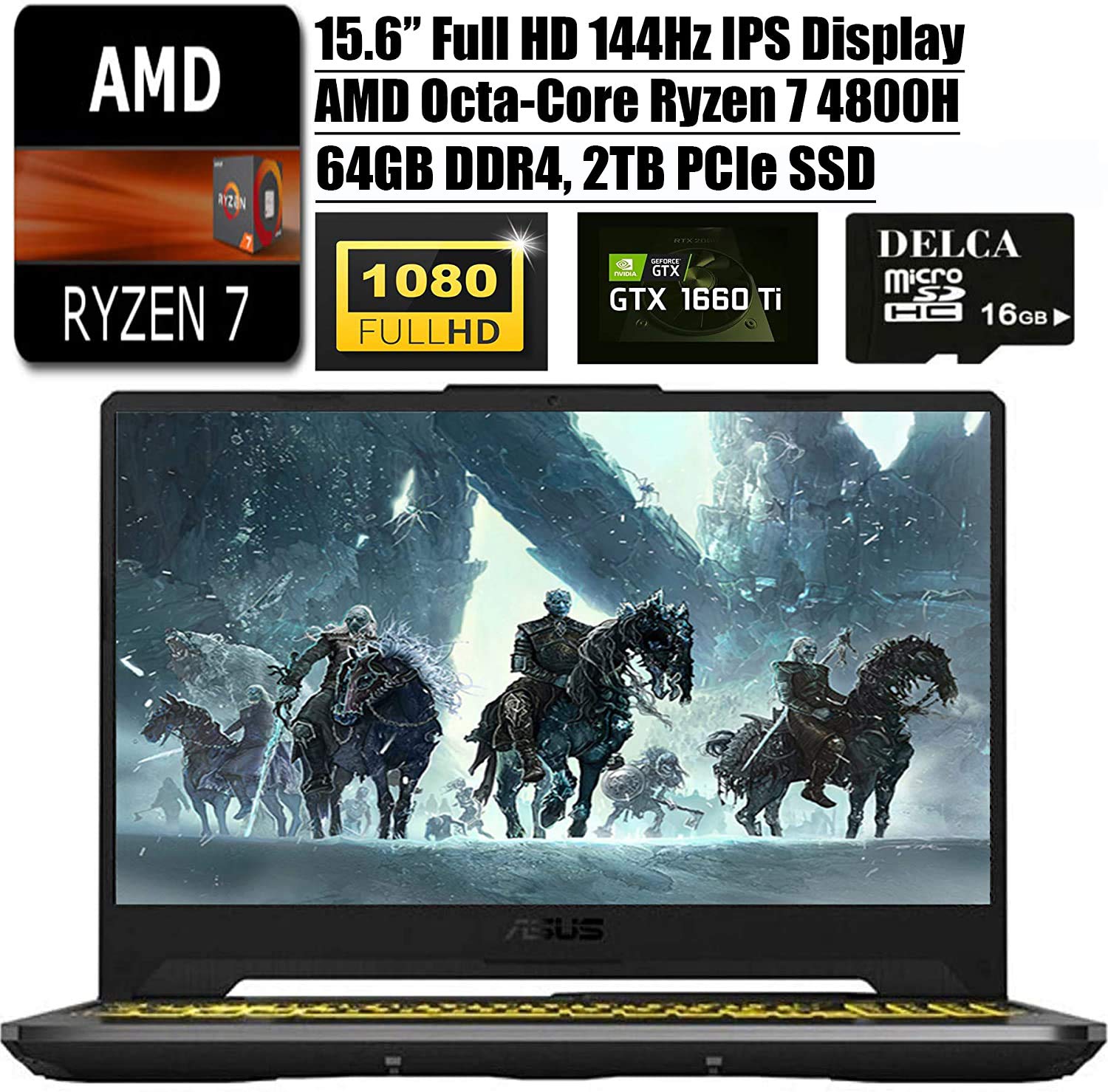 Asus TUF A15 Latest Gaming Laptop I 15.6" 144Hz FHD I AMD 8-Core Ryzen 7 4800H(>I7-9750H) I 64GB DDR4 2TB PCIe SSD I NVIDIA GTX 1660 Ti RGB Backlit KB Win 10 + 16GB Micro SD Card