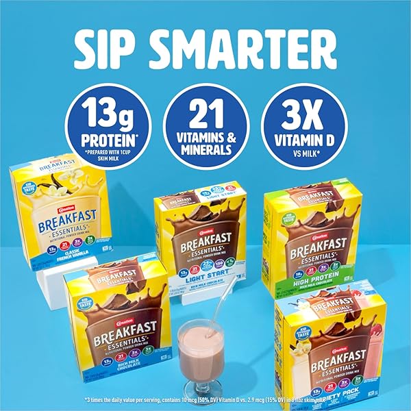 NESTLE CARNATION BREAKFAST ESSENTIALS COMPLETE NUTRITIONAL DRINK RICH MILK CHOCOLATE/CLASSIC FRENCH VANILLA/STRAWBERRY SENSATION FLAVOR 60 CT