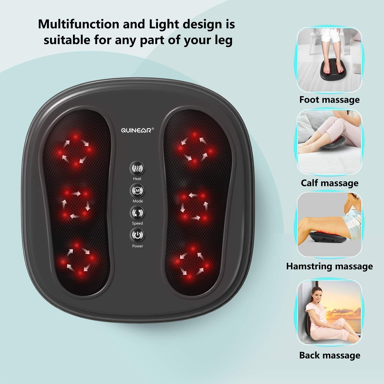 QUINEAR Foot and Back Massager with Infrared Heat, Shiatsu Kneading Feet Massage Machine Relieve Plantar Fasciitis Pain, Improve Circulation - 2 Speed & 2 Modes Fit All Size Feet: Health & Personal Care