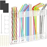 Acrylic Straw Holder for Cabinet Door - Clear Magnetic Straws Storage Container with Adhesive & Stickers, Reusable Straws Dispenser, Space-Saving Straw Organizer for Kitchen