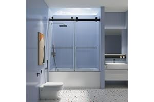VOOHEK 56-60in.W x 65in.H, Frameless Sliding Bathtub Shower Door, with Clear Tampered Glass, Double Smooth Gliding Open and Close, Soft Closing, Reversible Installation, Matte Black