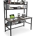 Aquzee Desk with Hutch Bookshelves, Computer Desk with 3 Tiers Storage Shelves, Space Saving Design Black Metal Legs Desk with Grey Board, Easy Assemble