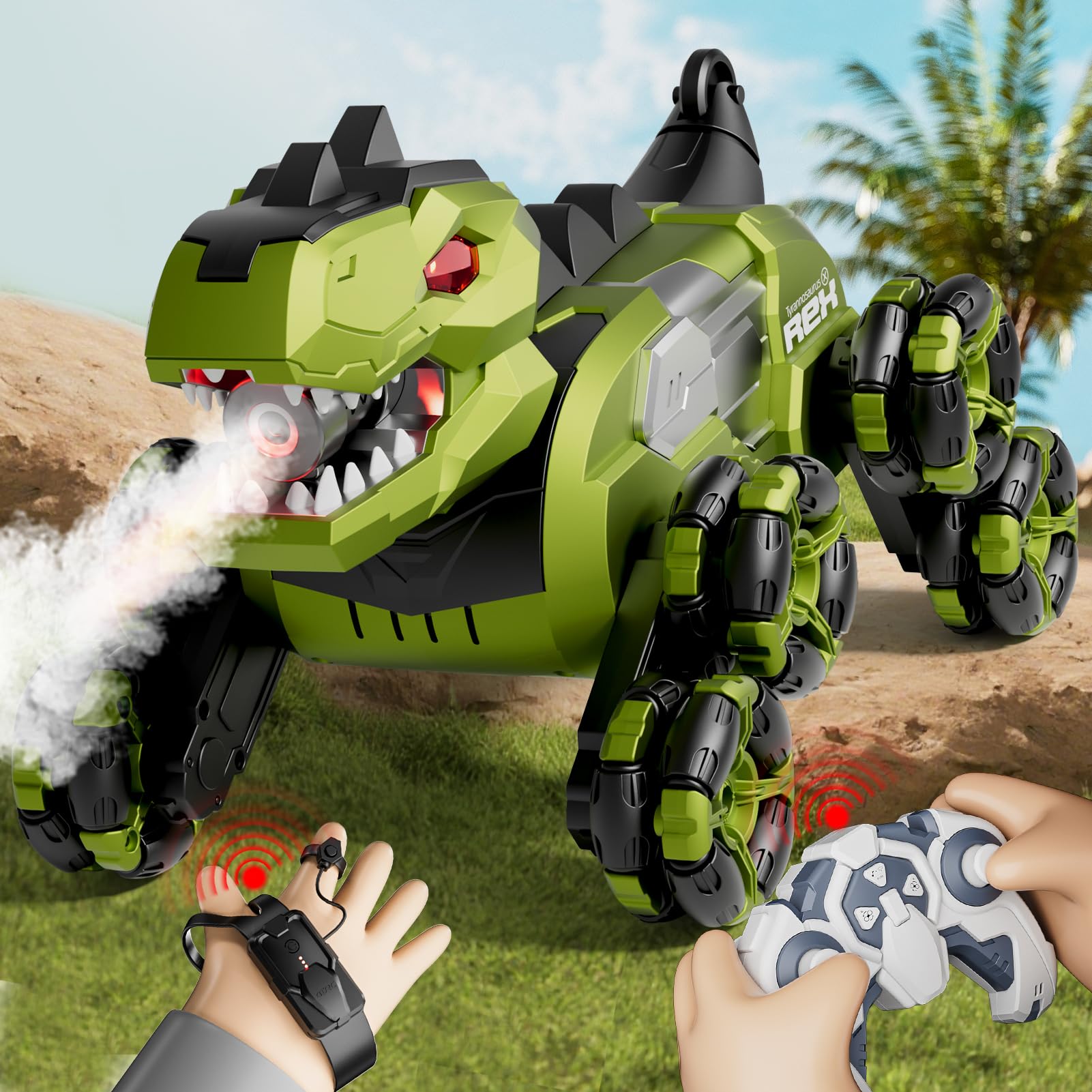 4DRC Y12 Dinosaur Remote Control Car, Eight-wheeled Stunt Tyrannosaurus Rex RC Car with 2 Types of Control, LED Light, Spray, Music, Gesture Sensing RC Drift Cars Toys Gifts for Kids Boys Girls