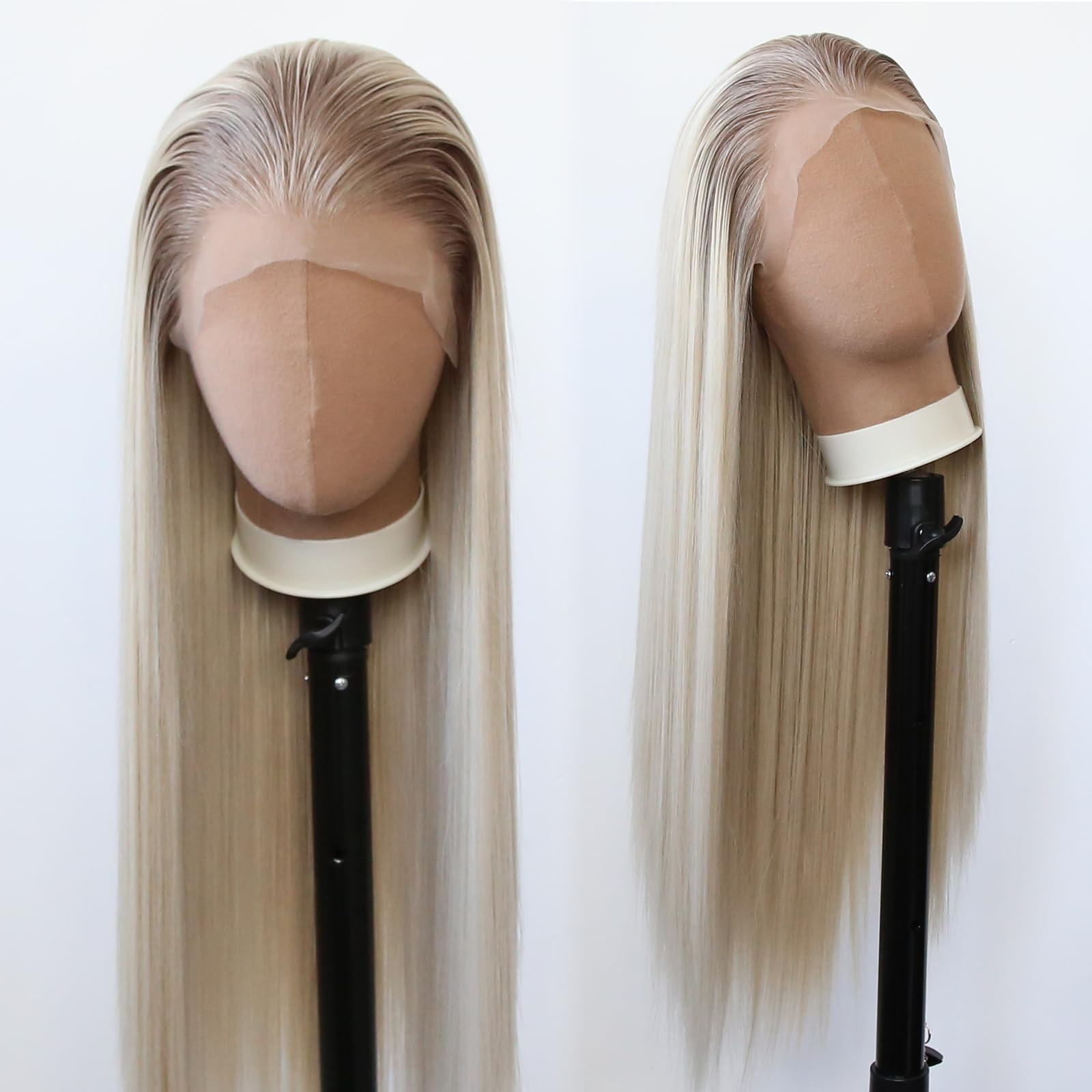 Towarm Ombre Platinum Dirty Blonde Long Straight Synthetic Lace Front Wig with Brown Roots Pre Plucked Heat Resistant Hair Ash Blonde Synthetic Lace Wigs Daily Use (Ombre Dirty Blonde) — image 1