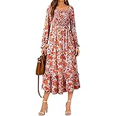Dokotoo Boho Dresses for Women 2025 Casual Floral Square Neck Long Sleeve Smocked Elastic Waist Tiered Ruffle Hem Maxi Dress