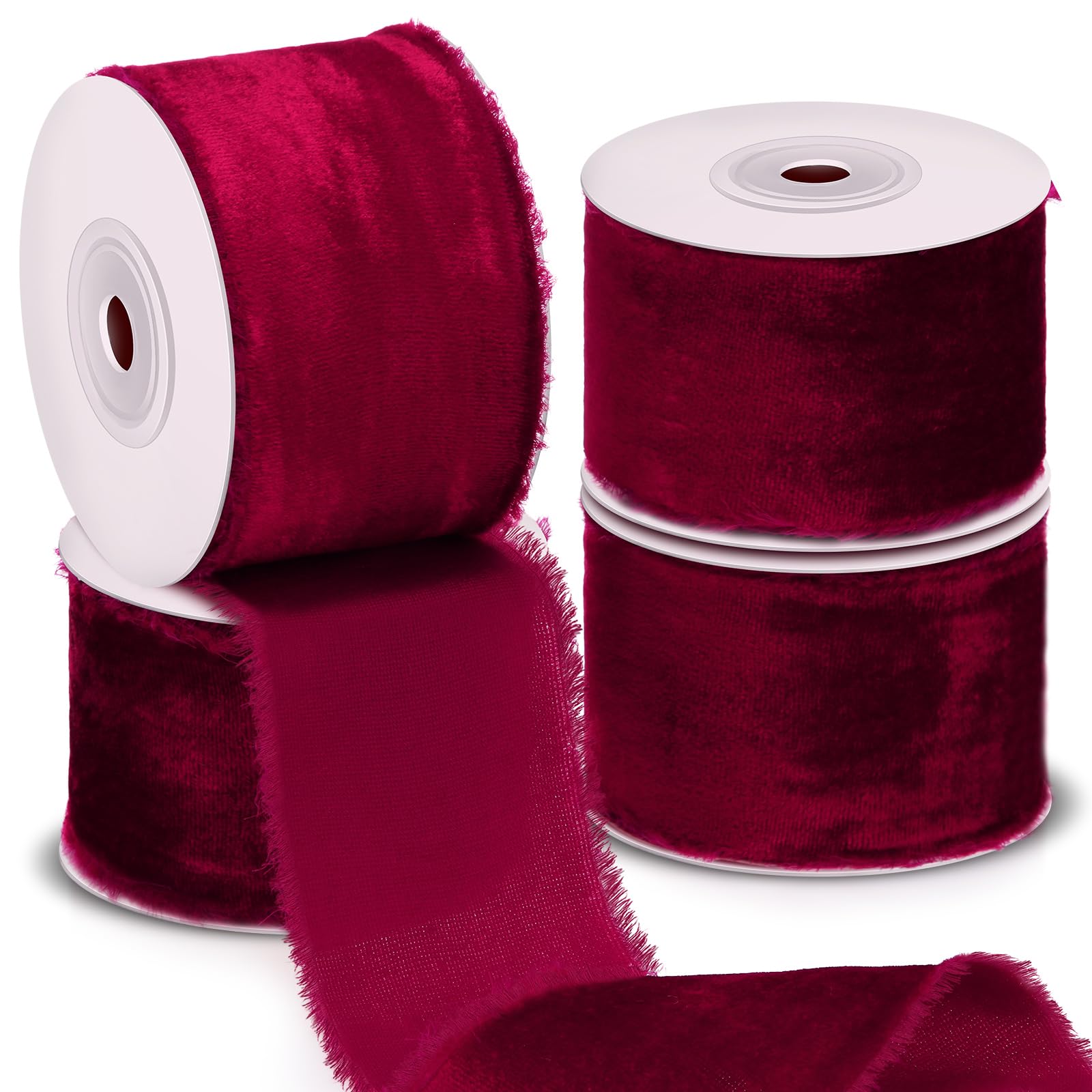 Photo 1 of Preboun 4 Rolls Christmas Velvet Ribbon for Gift Wrapping 24 Yards Total Frayed Edge Velvet Silk Ribbon for Christmas Wedding Baby Shower DIY Crafts Decor(Burgundy,2 Inch)