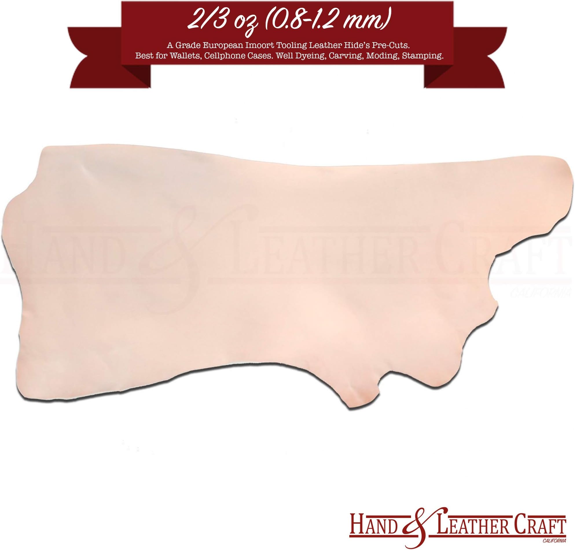 Hand and Leather Craft - Veg Tan Leather 2/3 oz (0.8-1.2 mm) A Grade Tooling Leather Hide - Full Grain Vegetable Tanned Leather, Carving, Tooling, Molding, Dyeing (2.5-4 Sqft)