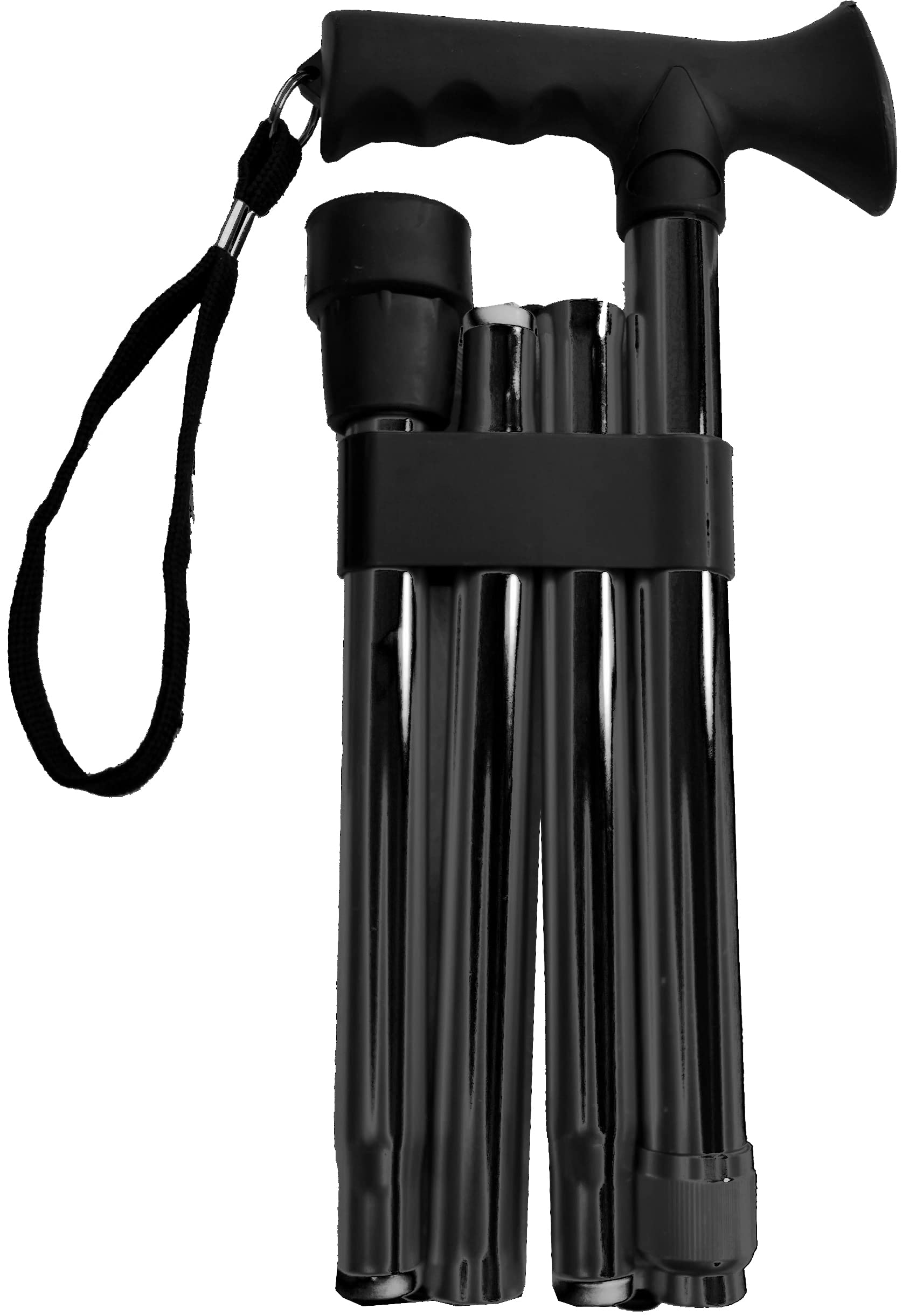 Essential Products Deluxe 4-Part Folding Adjustable Aluminium Metallic Compact Walking Stick Cane for Men, Ladies and Women with Soft Grip Gel Handle – 33.5'' – 37.5'' (Black)