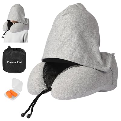 Travel Neck Pillow with 100% Light-Blocking Hood – Ergonomic Memory Foam Support Pillow for Airplane, Long Flights, Road Trips, Office and Car, Full Head and Neck Support with Skin-Friendly Cover
